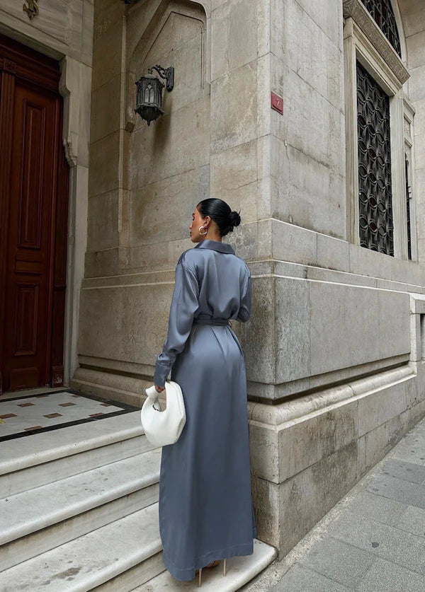 Winter Satin Midi Dress for Women - Vintage Loose Fit, Long Sleeve, Single Breasted