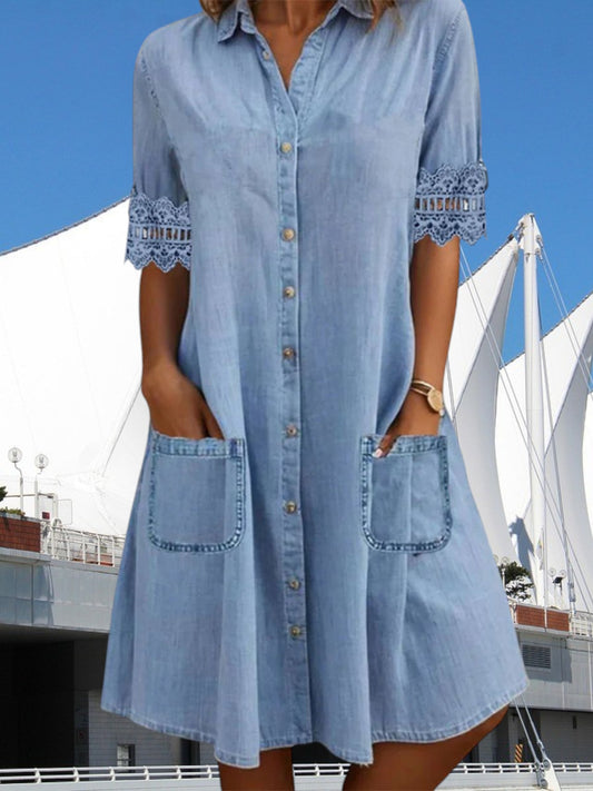 Birgitte | Women's Casual Mini Dress with Lace Details, Short Sleeves, and Pockets | Blue
