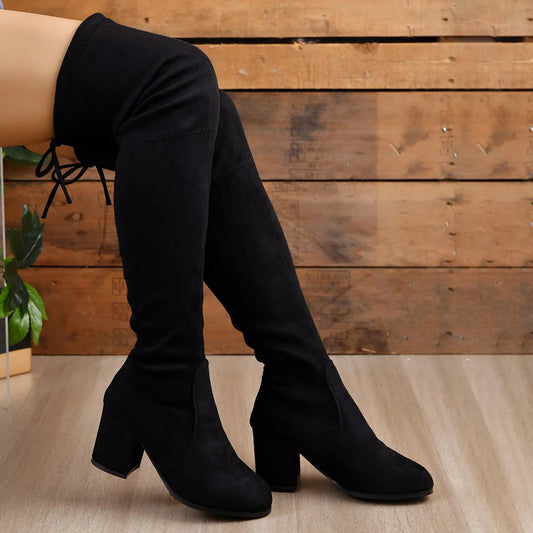 Black Over The Knee Boots for Women in Faux Leather with Block Heel 0