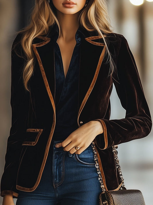 Blazer for Women | Loose Fit Colorblock Velvet | Stylish | Brown