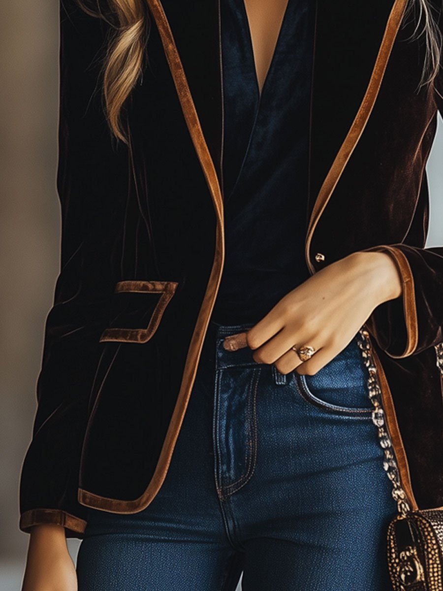 Blazer for Women | Loose Fit Colorblock Velvet | Stylish | Brown2