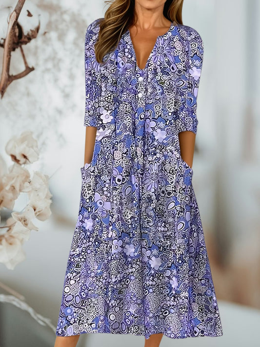 Bohemian Midi Summer Dress in Lightweight Cotton Blend | Blue