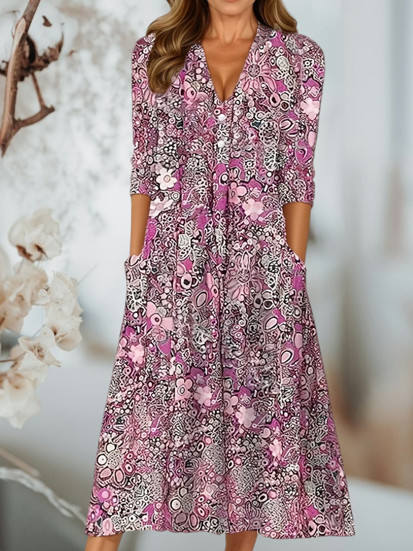 Bohemian Midi Summer Dress in Lightweight Cotton Blend | Pink
