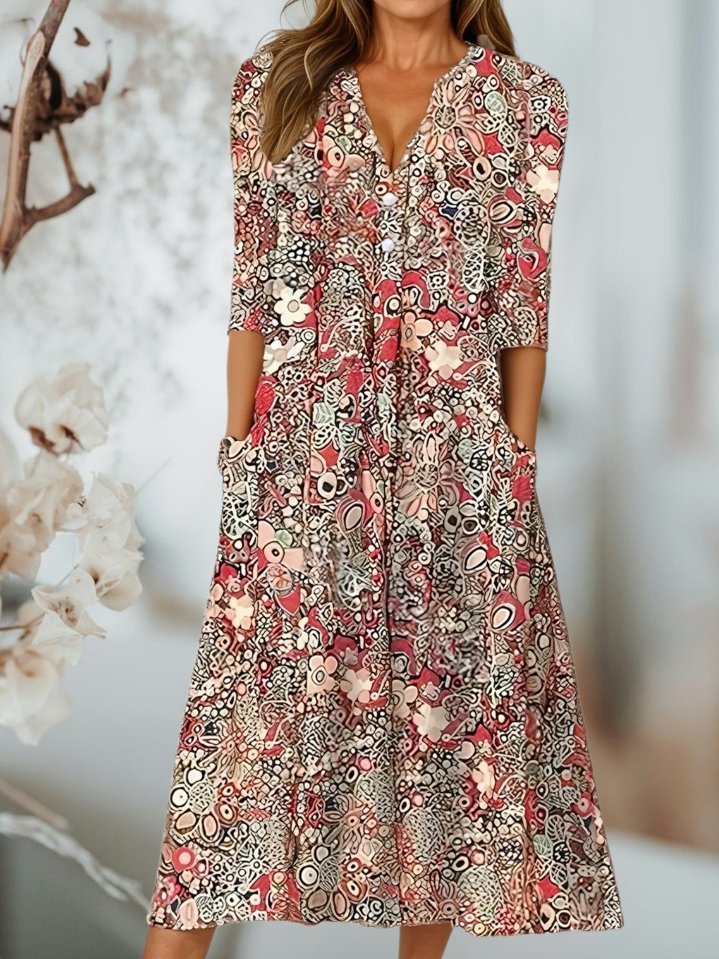 Bohemian Midi Summer Dress in Lightweight Cotton Blend | Red
