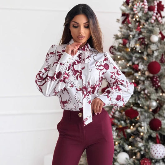 Bow Tie Collar Long Sleeve Shirt for Women | Elegant | White Red