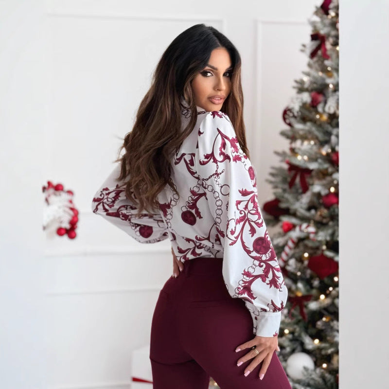 Bow Tie Collar Long Sleeve Shirt for Women | Elegant | White Red1