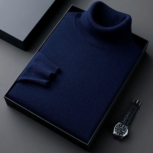 Cashmere Sweater for Men | Roll Collar, Classic Fit | Navy Blue