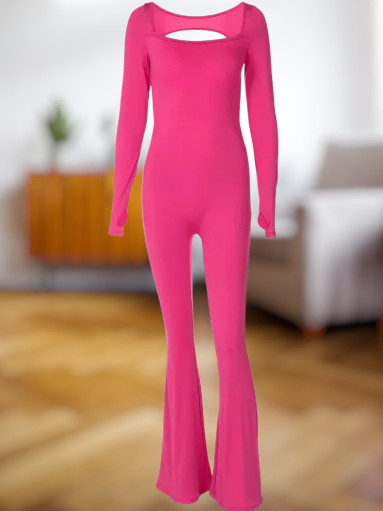 Celine | Women's Fitted Long Sleeve Jumpsuit with Square Neckline and Slim Legs | Magenta 3