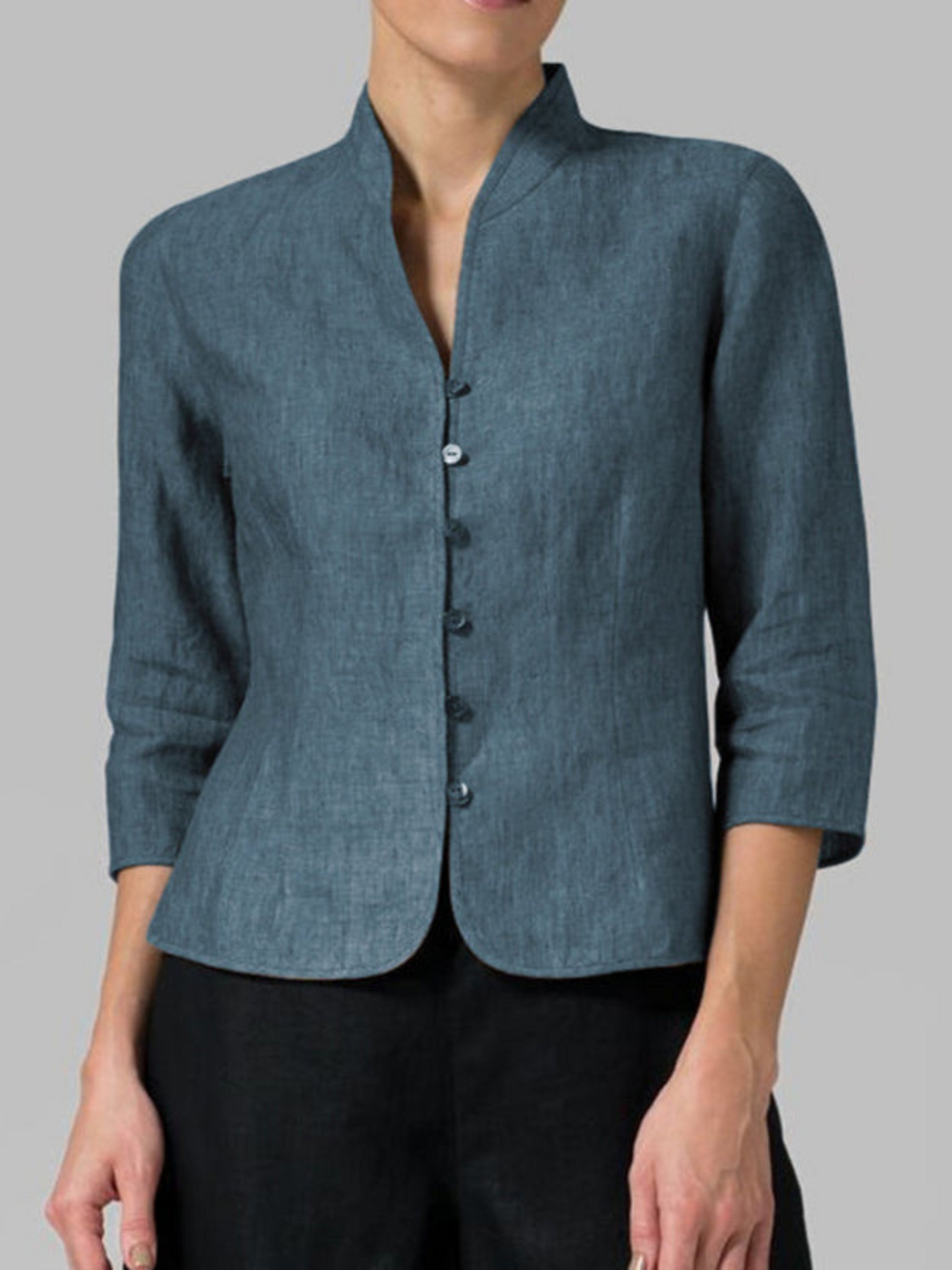 Chambray with Stand Collar Blouse | Modern Cut | Blue Green