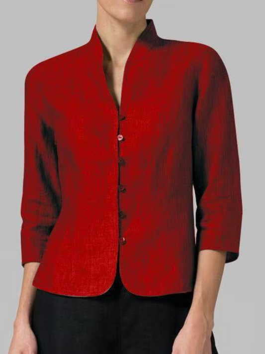 Chambray with Stand Collar Blouse | Modern Cut | Red