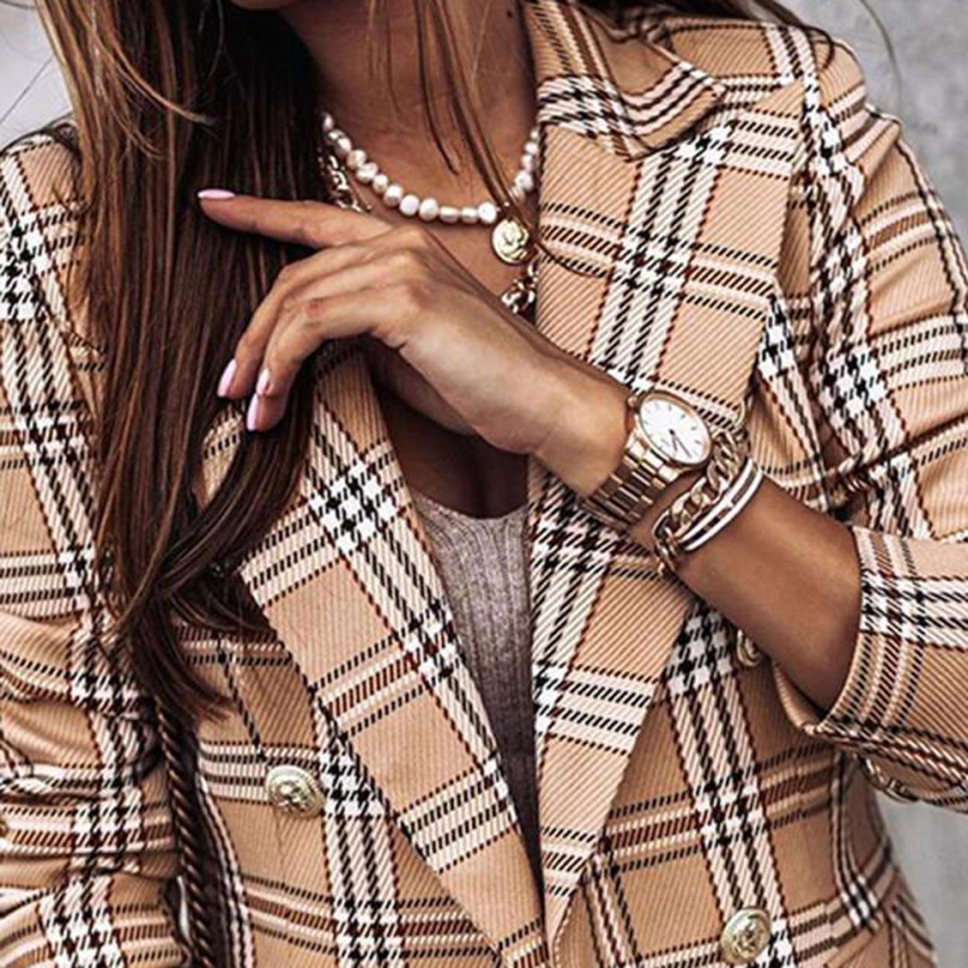 Checkered Blazer, Tailored Fit for Women | Elegant | Brown