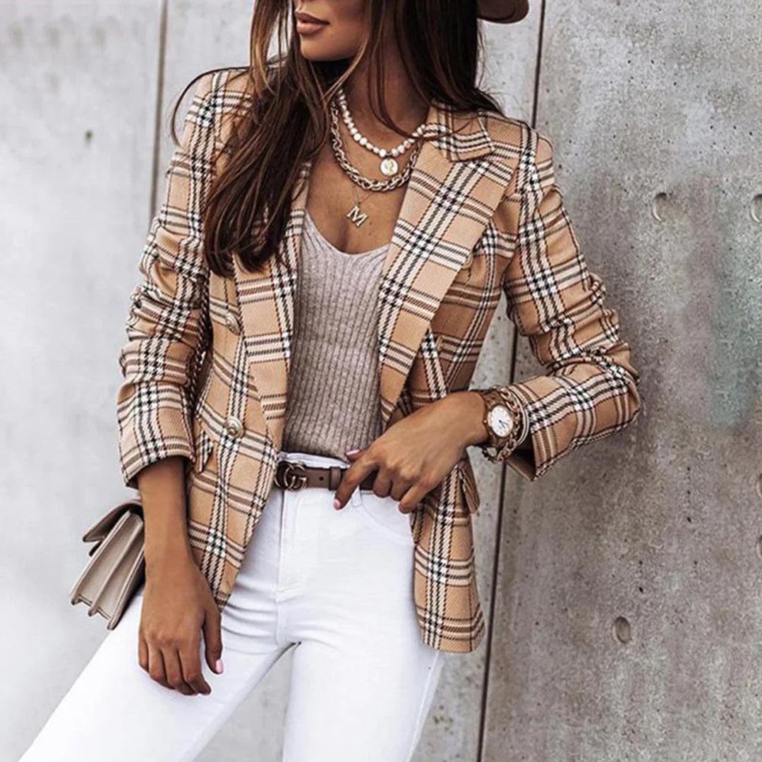 Checkered Blazer, Tailored Fit for Women | Elegant | Brown1