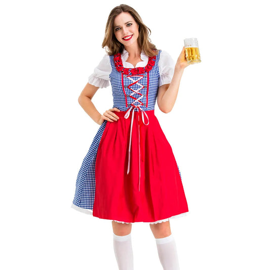 Checkered with Apron Dirndl Dress | Oktoberfest | Red/Blue