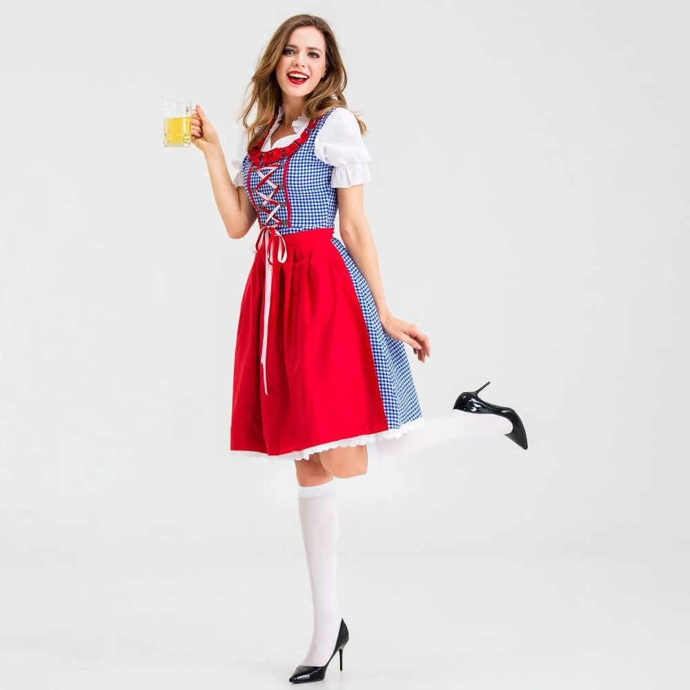 Checkered with Apron Dirndl Dress | Oktoberfest | Red/Blue1
