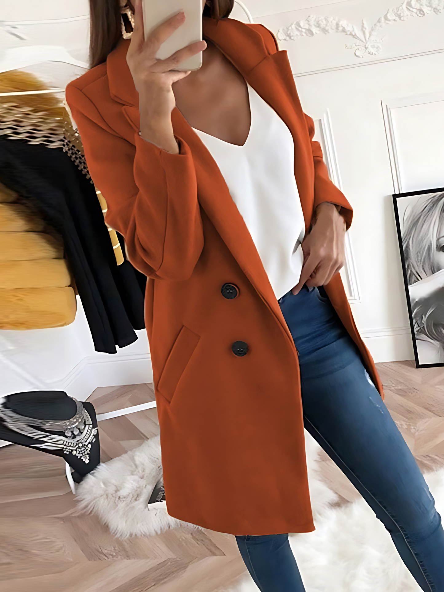 Chic Design Coat for Women, Long Sleeve | Winter | Dark Orange