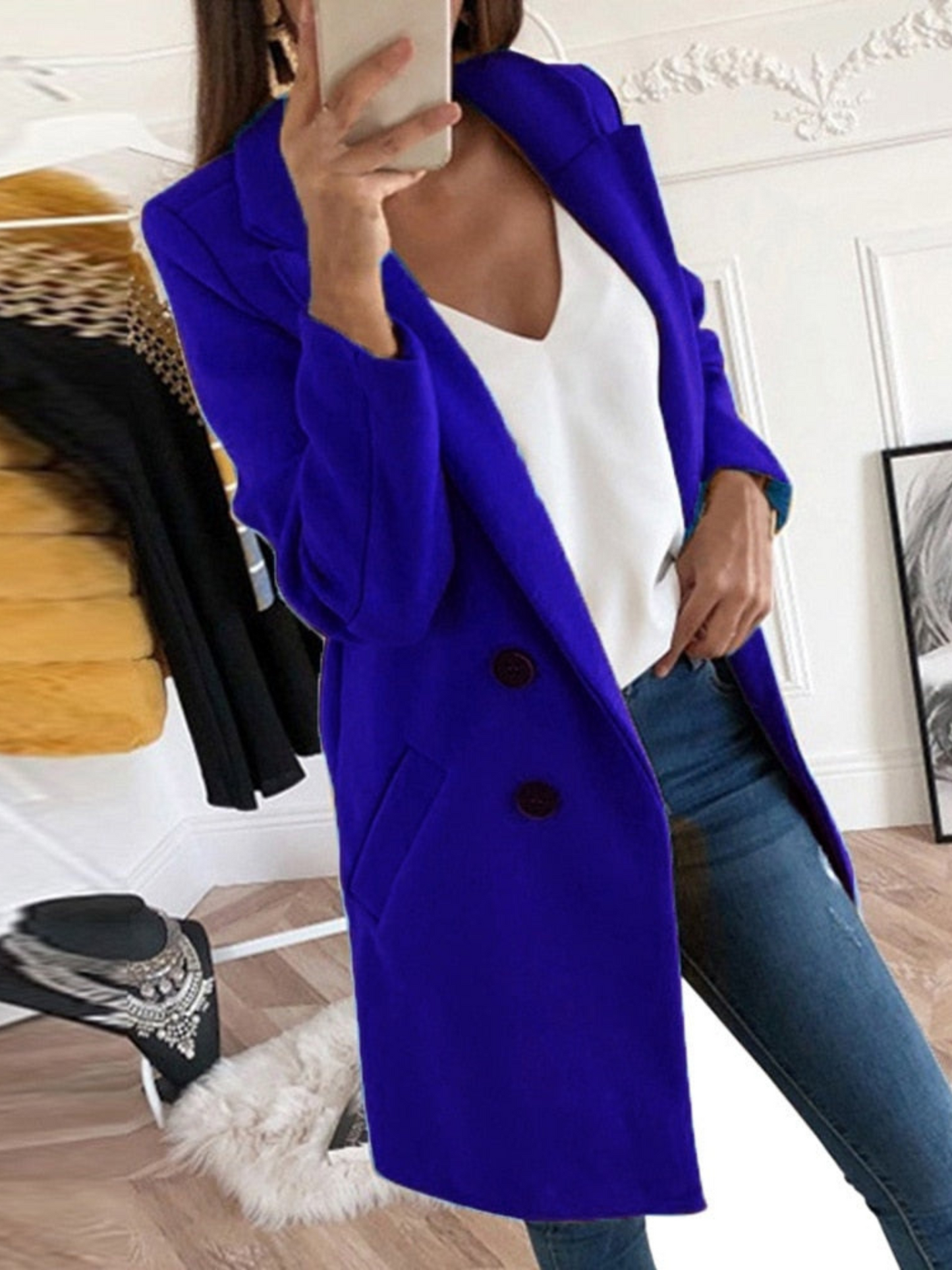 Chic Design Coat for Women, Long Sleeve | Winter | Navy Blue