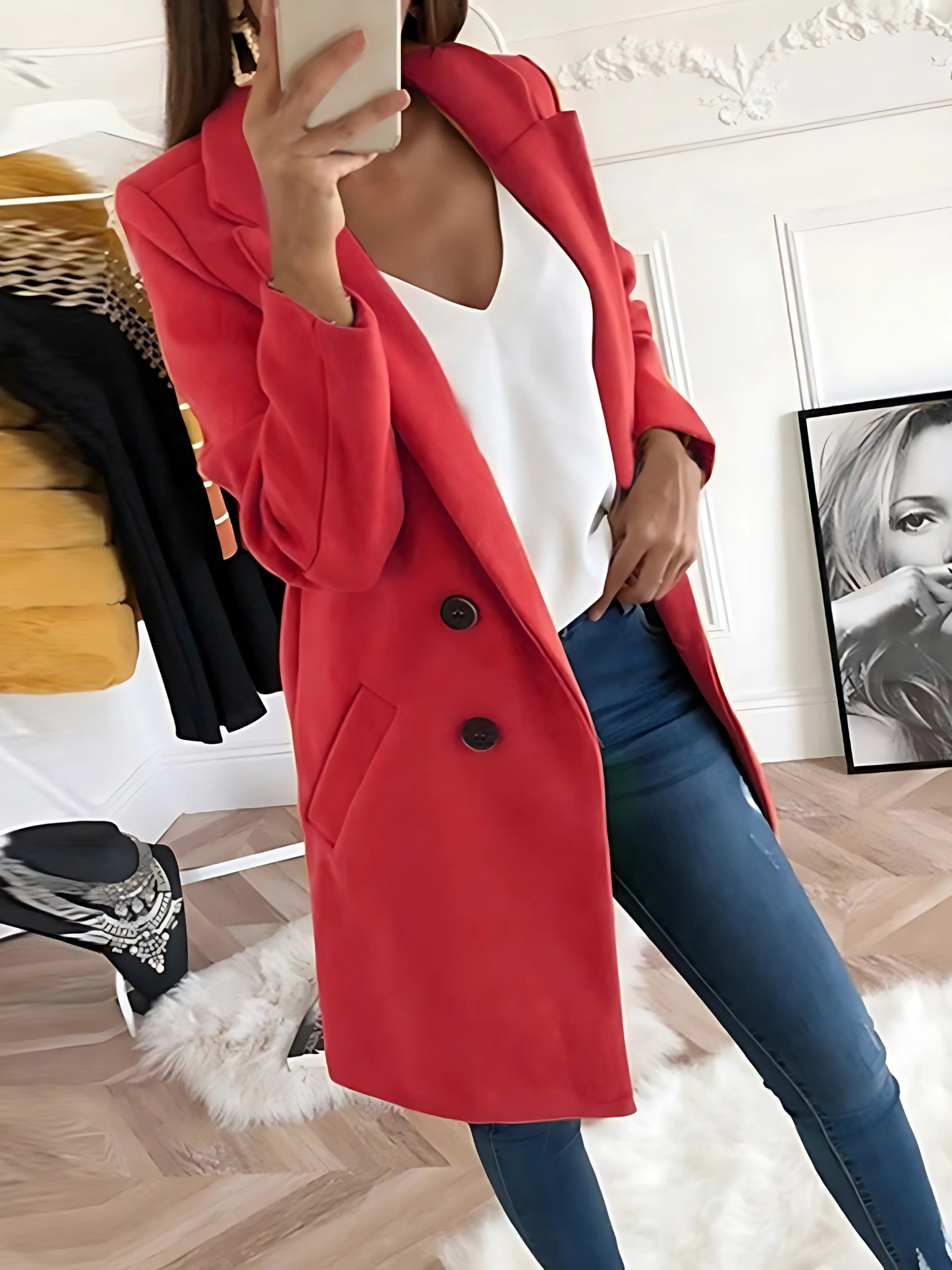 Chic Design Coat for Women, Long Sleeve | Winter | Red