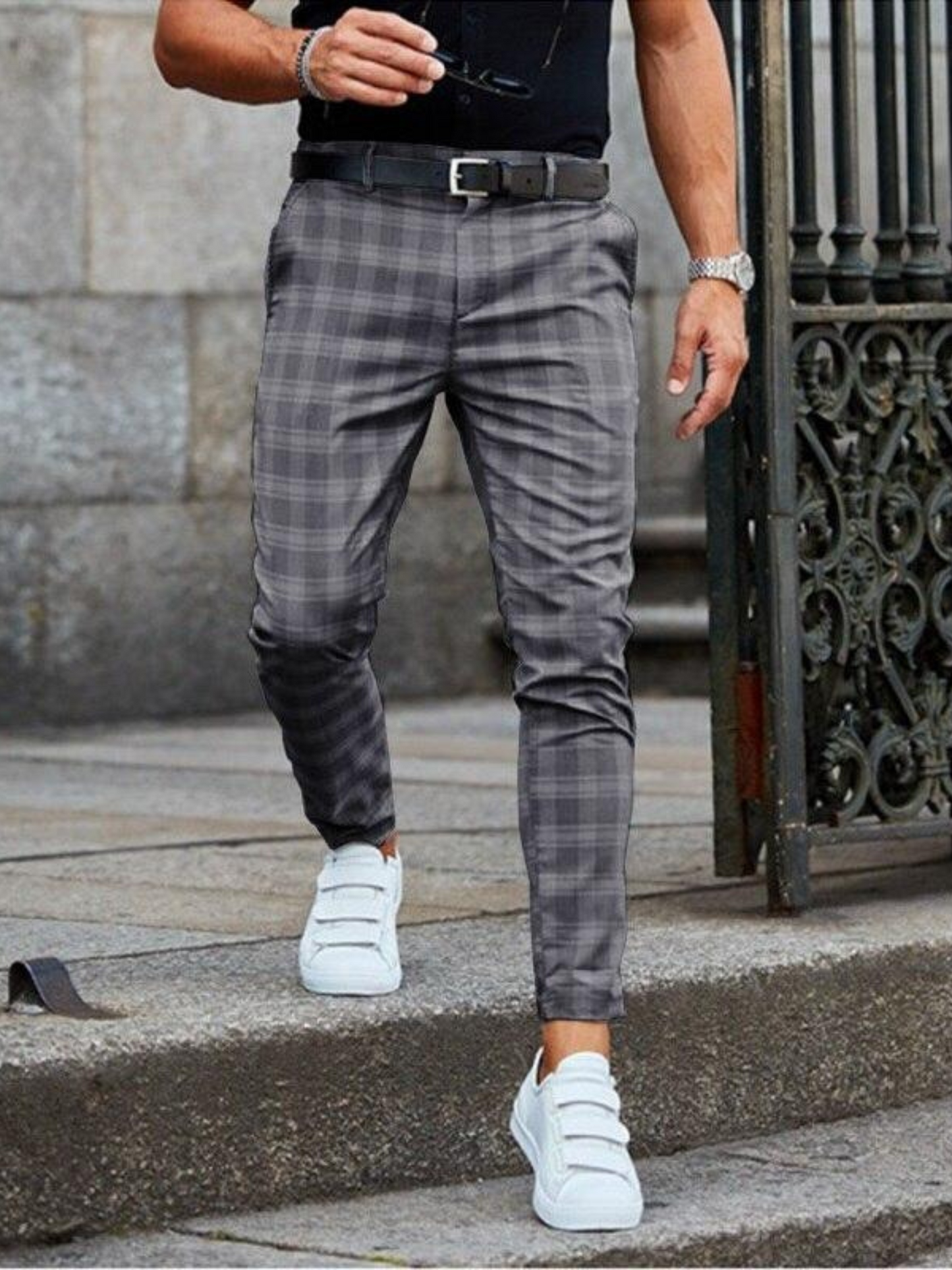 Chino Pants for Men, Checked Pattern | Comfortable Fit | Gray