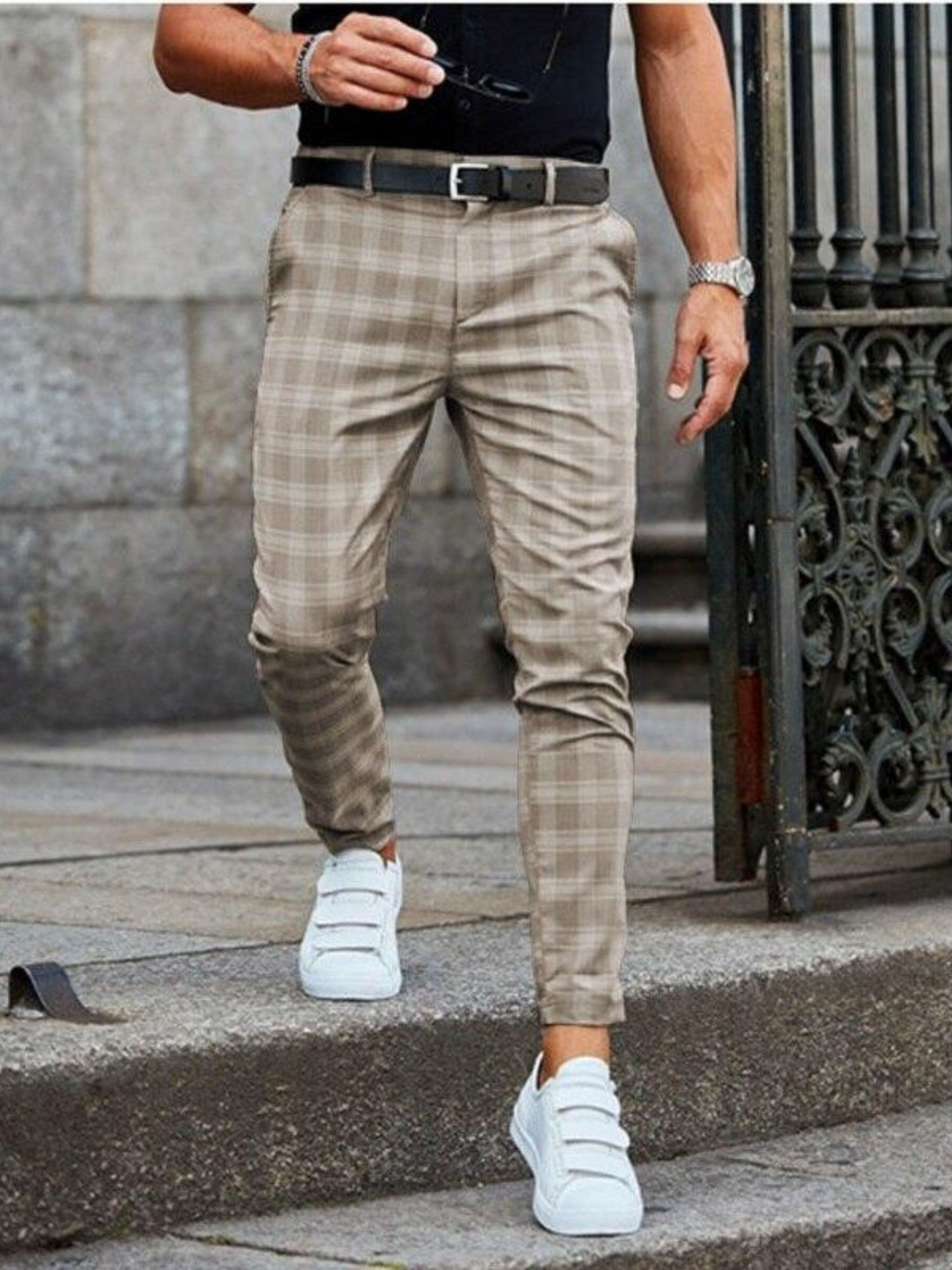 Chino Pants for Men, Checked Pattern | Comfortable Fit | Khaki