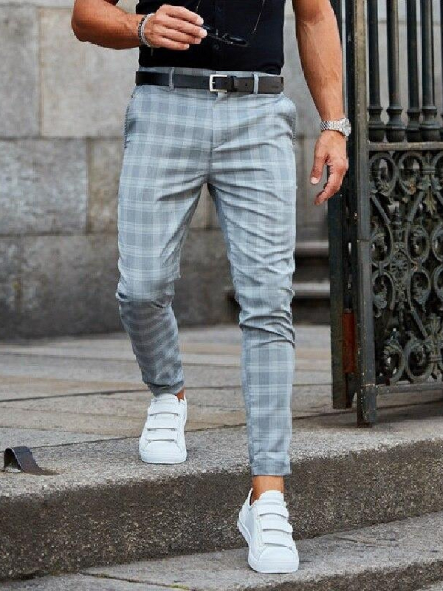Chino Pants for Men, Checked Pattern | Comfortable Fit | Light Blue