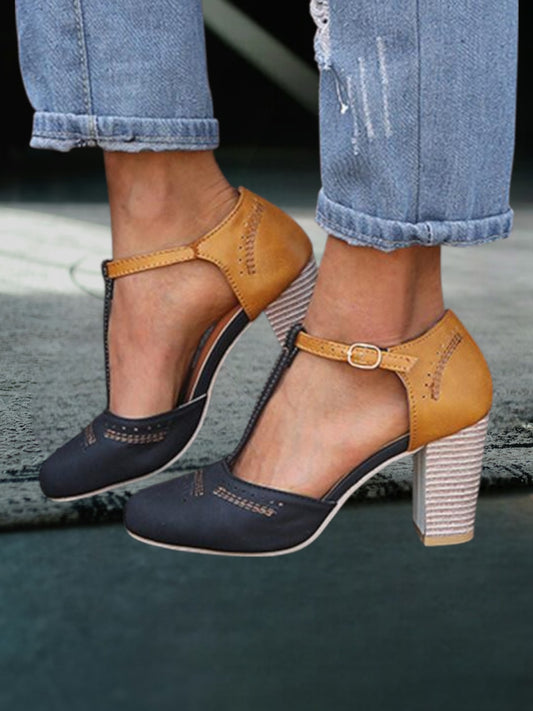 Chunky High Heel T-Strap Sandals with Adjustable Buckle Closure | Black