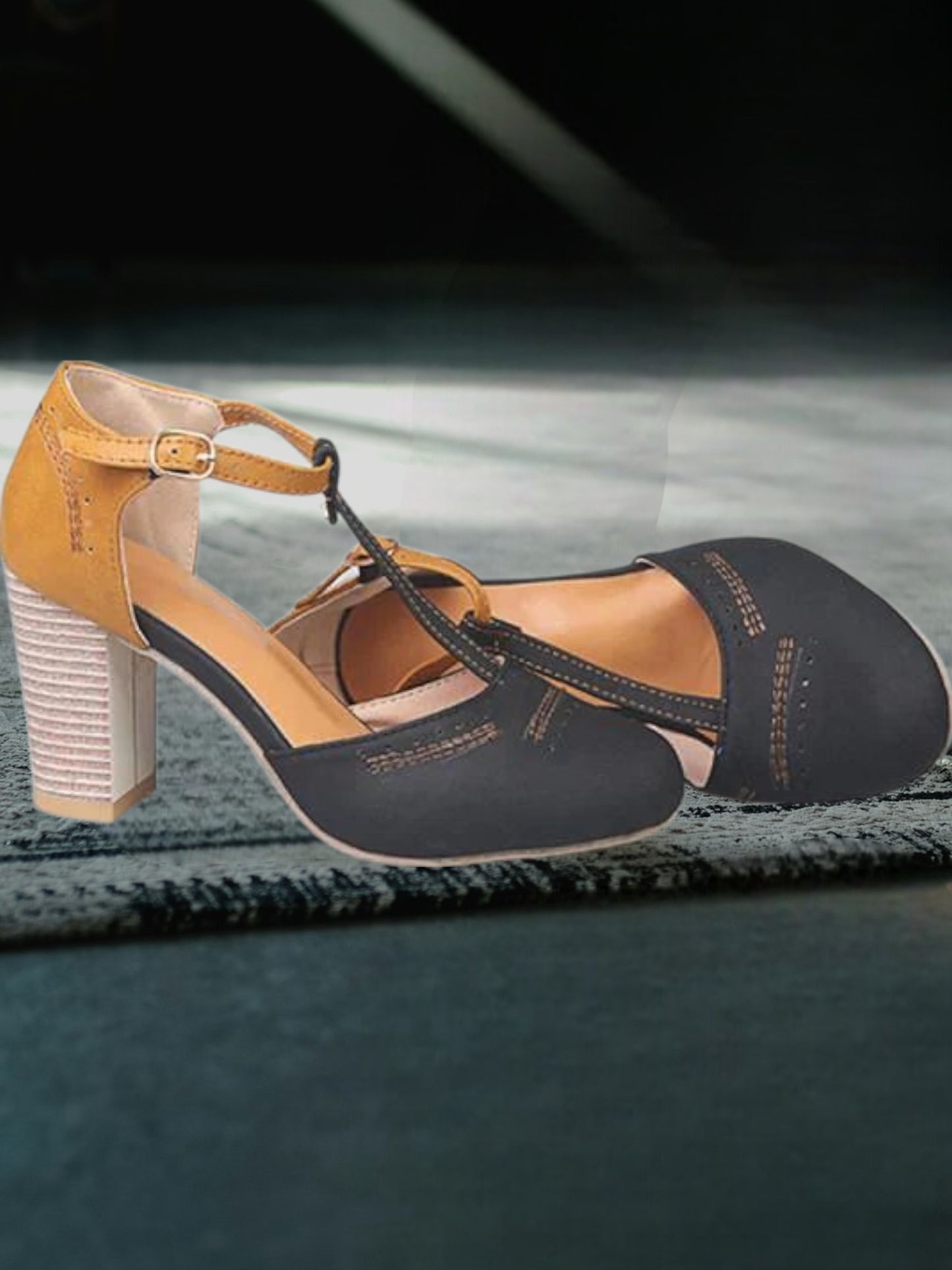 Chunky High Heel T-Strap Sandals with Adjustable Buckle Closure | Black 2