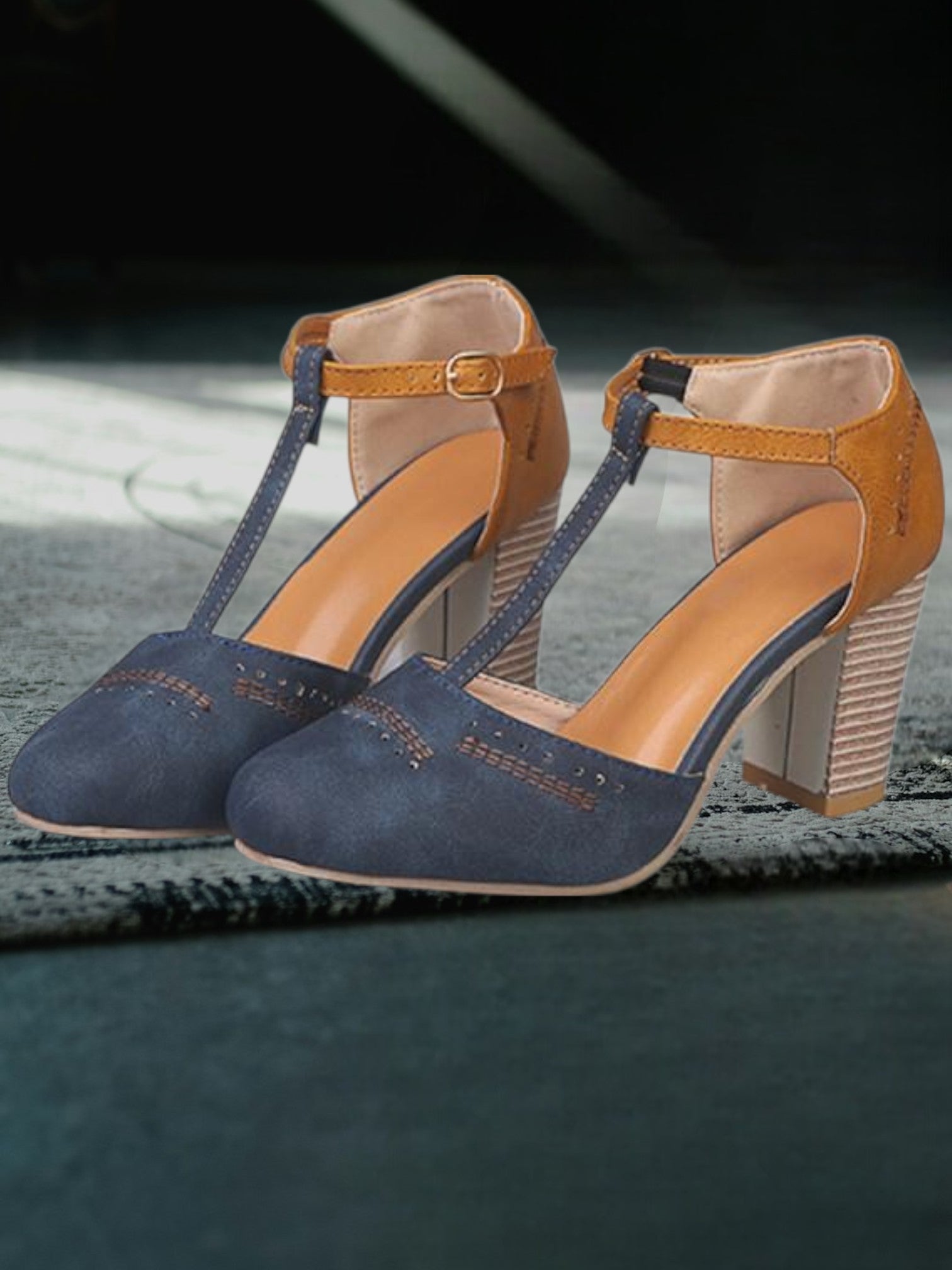 Chunky High Heel T-Strap Sandals with Adjustable Buckle Closure | Blue