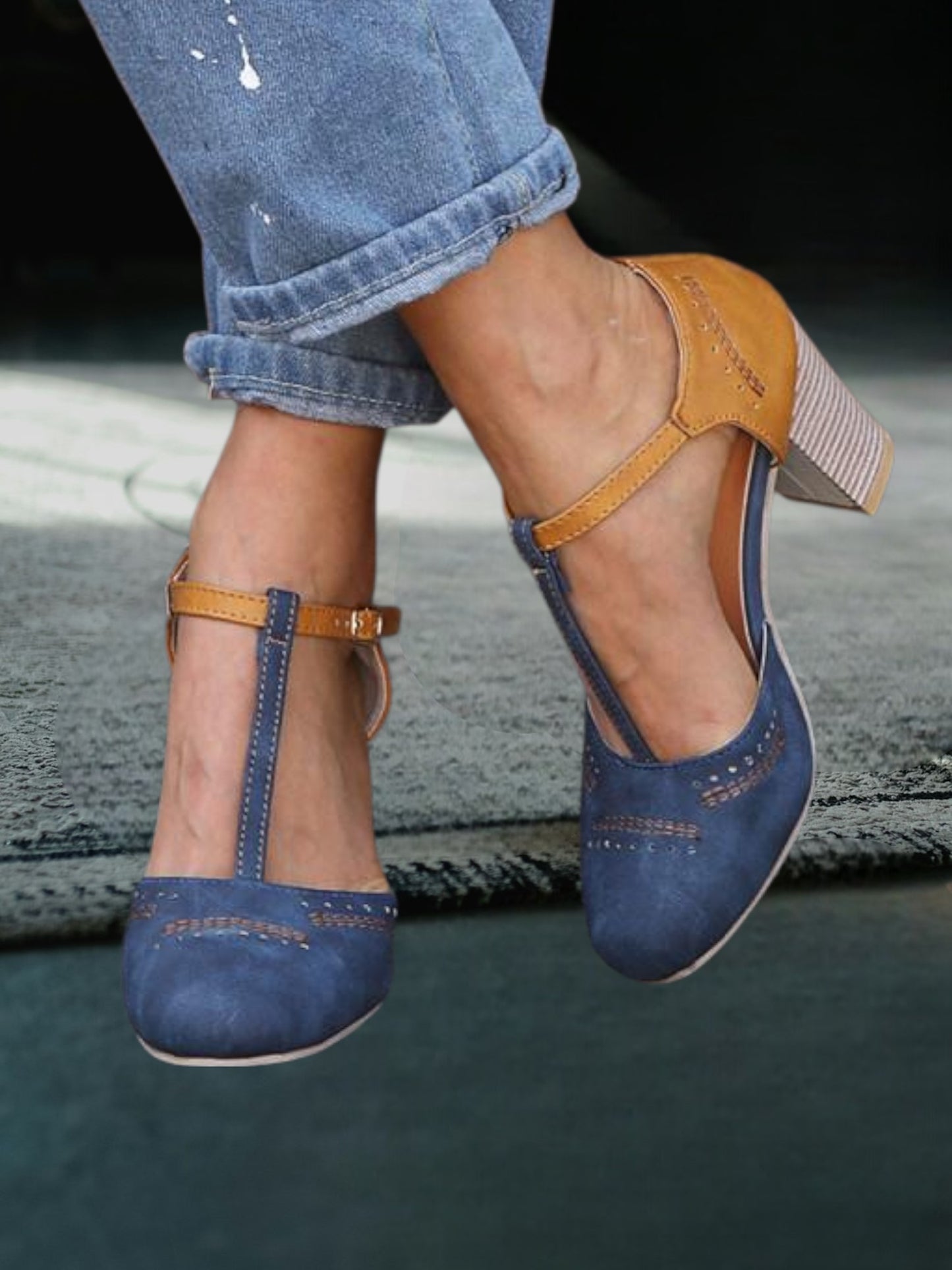 Chunky High Heel T-Strap Sandals with Adjustable Buckle Closure | Blue 2