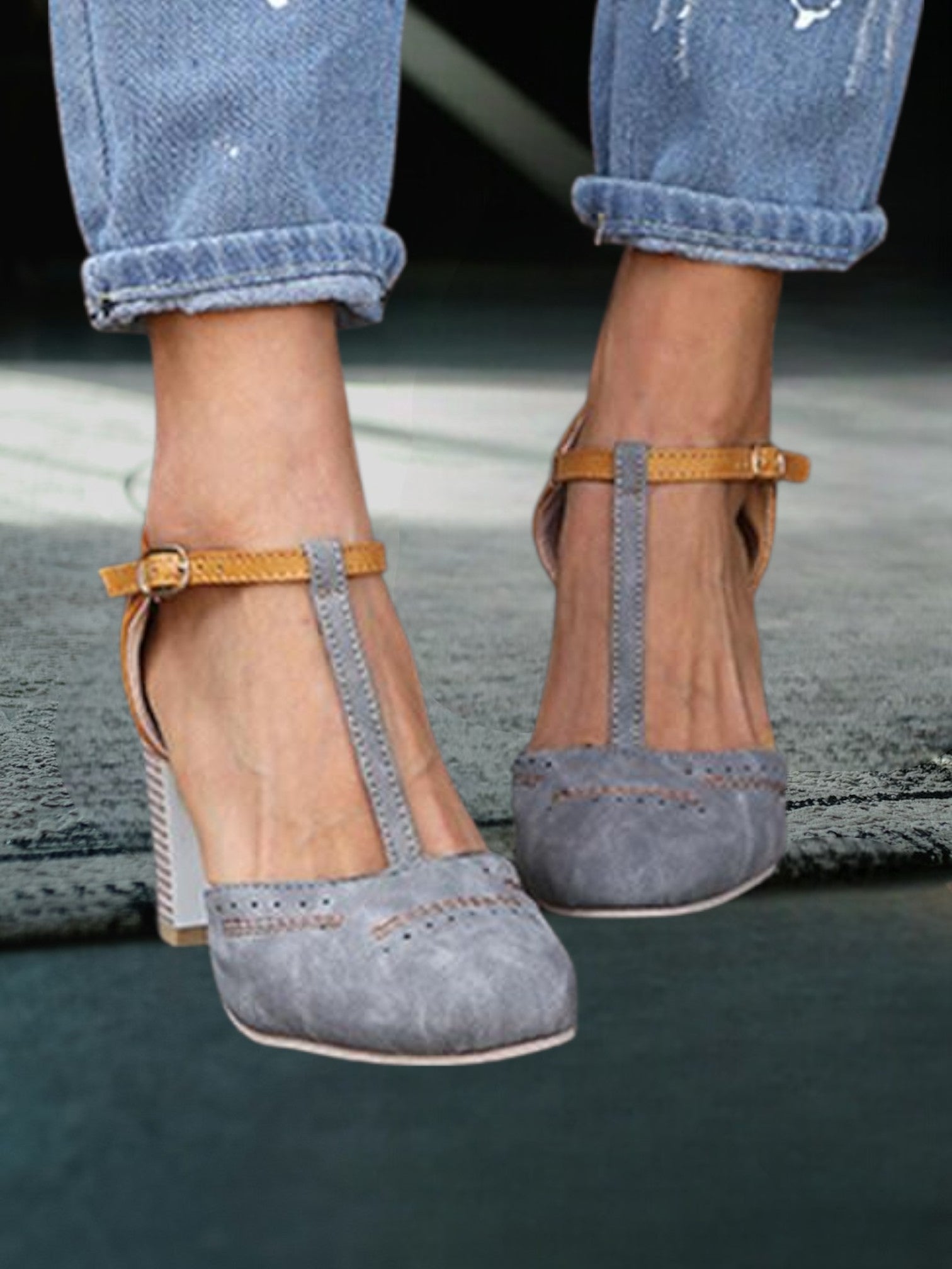 Chunky High Heel T-Strap Sandals with Adjustable Buckle Closure | Gray