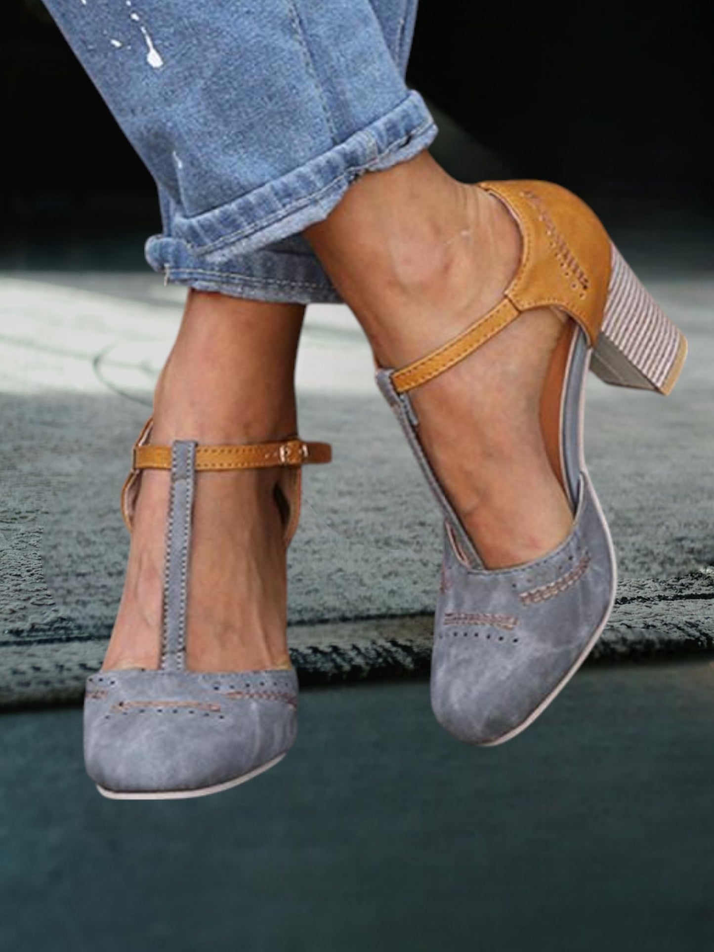 Chunky High Heel T-Strap Sandals with Adjustable Buckle Closure | Gray 2