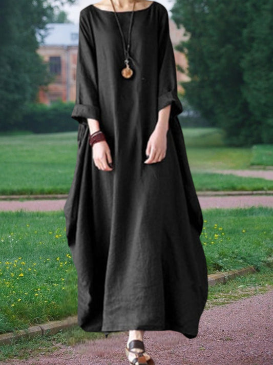 Cilia | Women's Plus Size Loose Linen Summer Dress with Long Sleeves and Round Neckline | Black