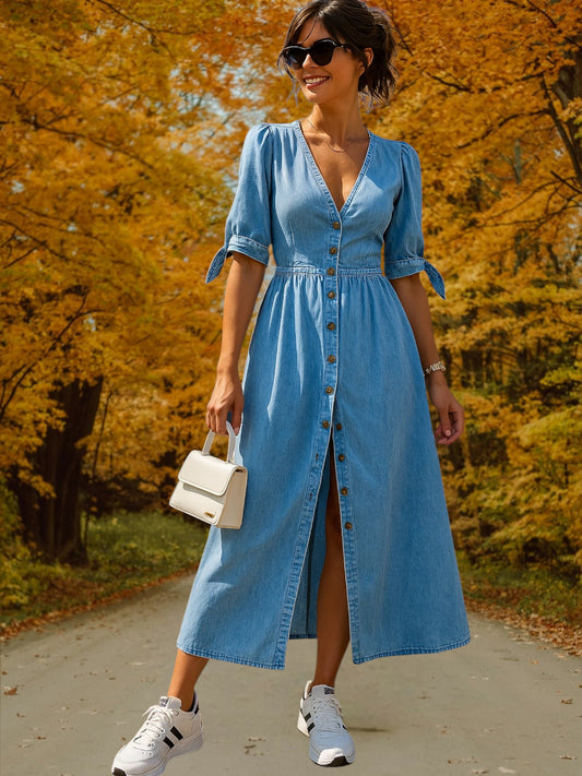 Clara | Elegant Women's V-Neck Summer Dress with Wooden Buttons and Tailored Fit | blue