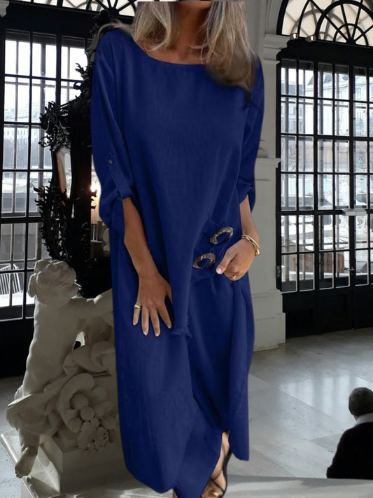 Clara | Women's Asymmetrical Cotton and Flax Two-Piece Set with Long sleeve Dress and Pants | Blue