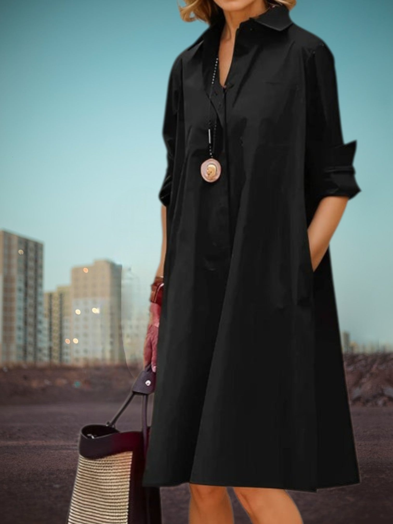 Classic Women's Midi Shirt Dress with Pockets in Soft Fabric | Black1