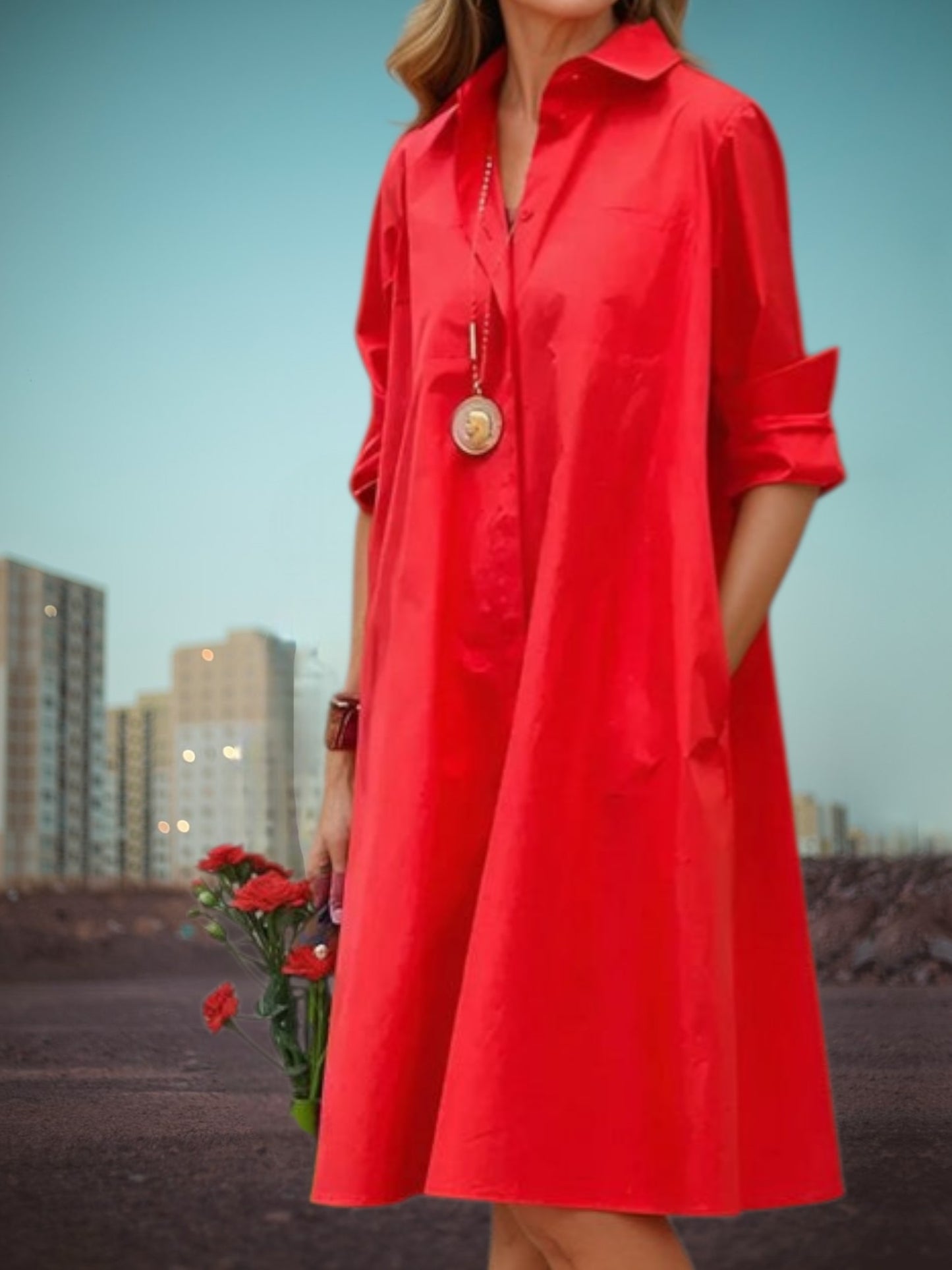 Classic Women's Midi Shirt Dress with Pockets in Soft Fabric | Red1