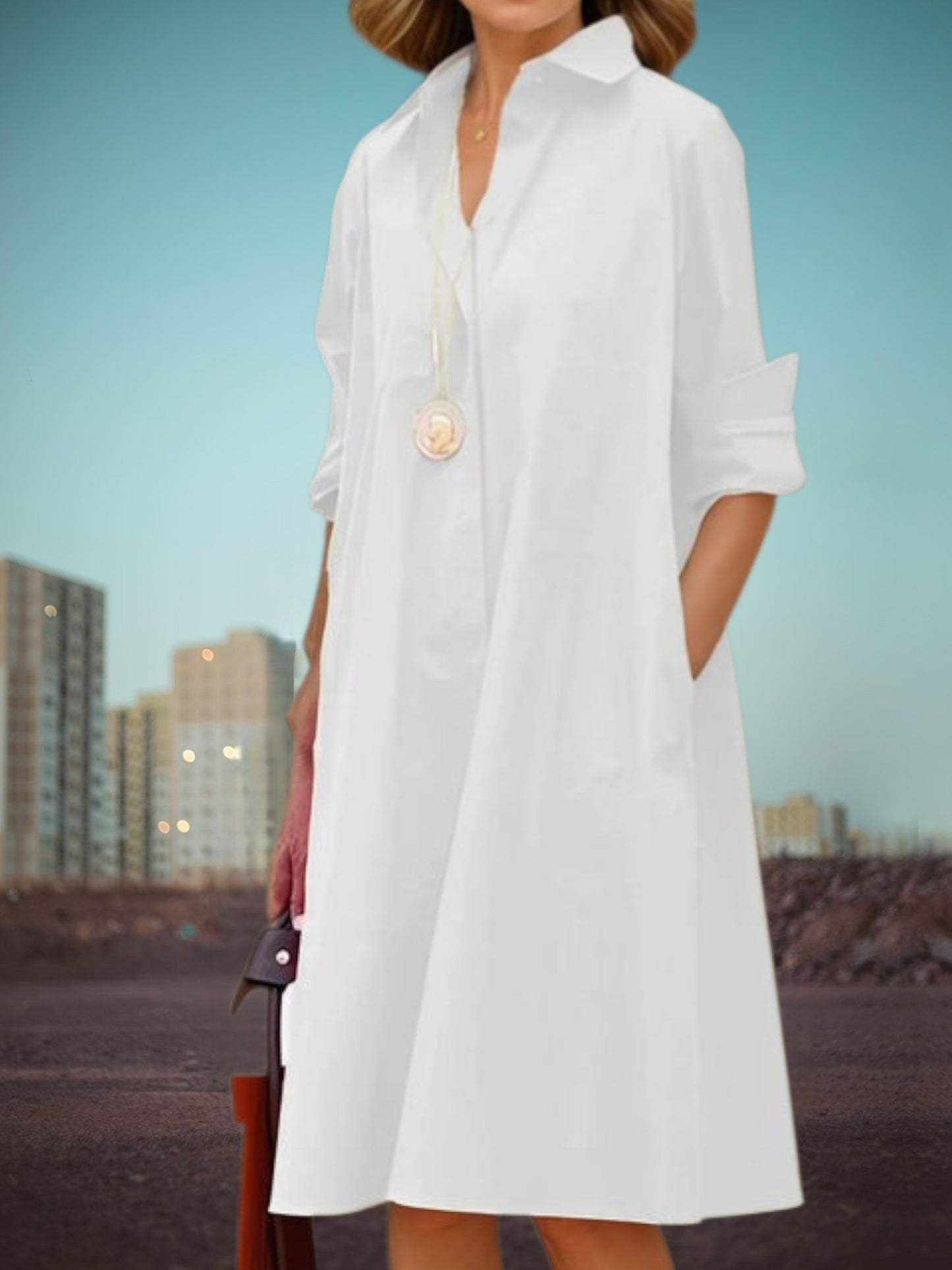 Classic Women's Midi Shirt Dress with Pockets in Soft Fabric | White1