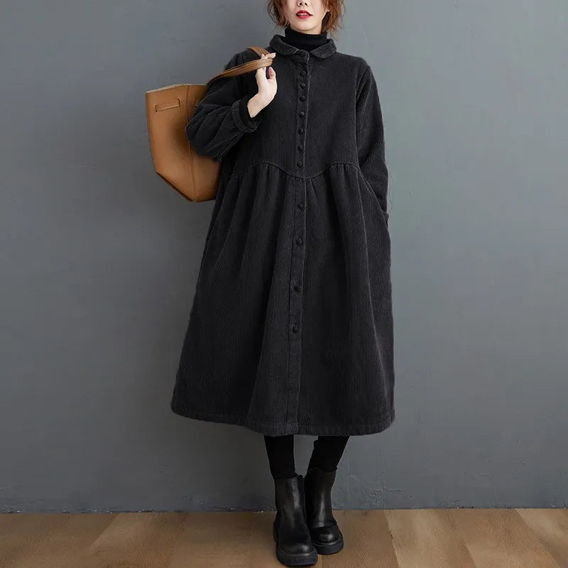 Corduroy Coat for Women | Cinched Design | Black