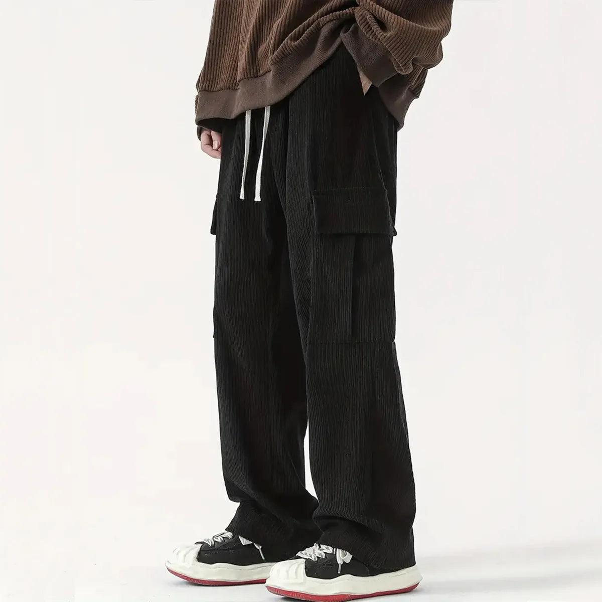 Corduroy Pants for Men | Loose Fit, Flexible Waist | Full Length | Black