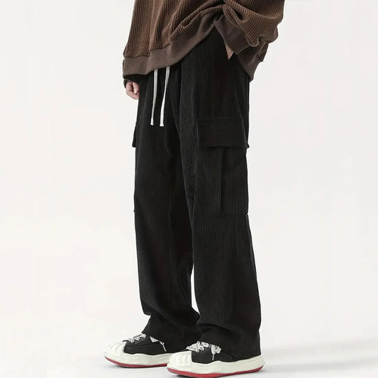 Corduroy Pants for Men | Loose Fit, Flexible Waist | Full Length | Black