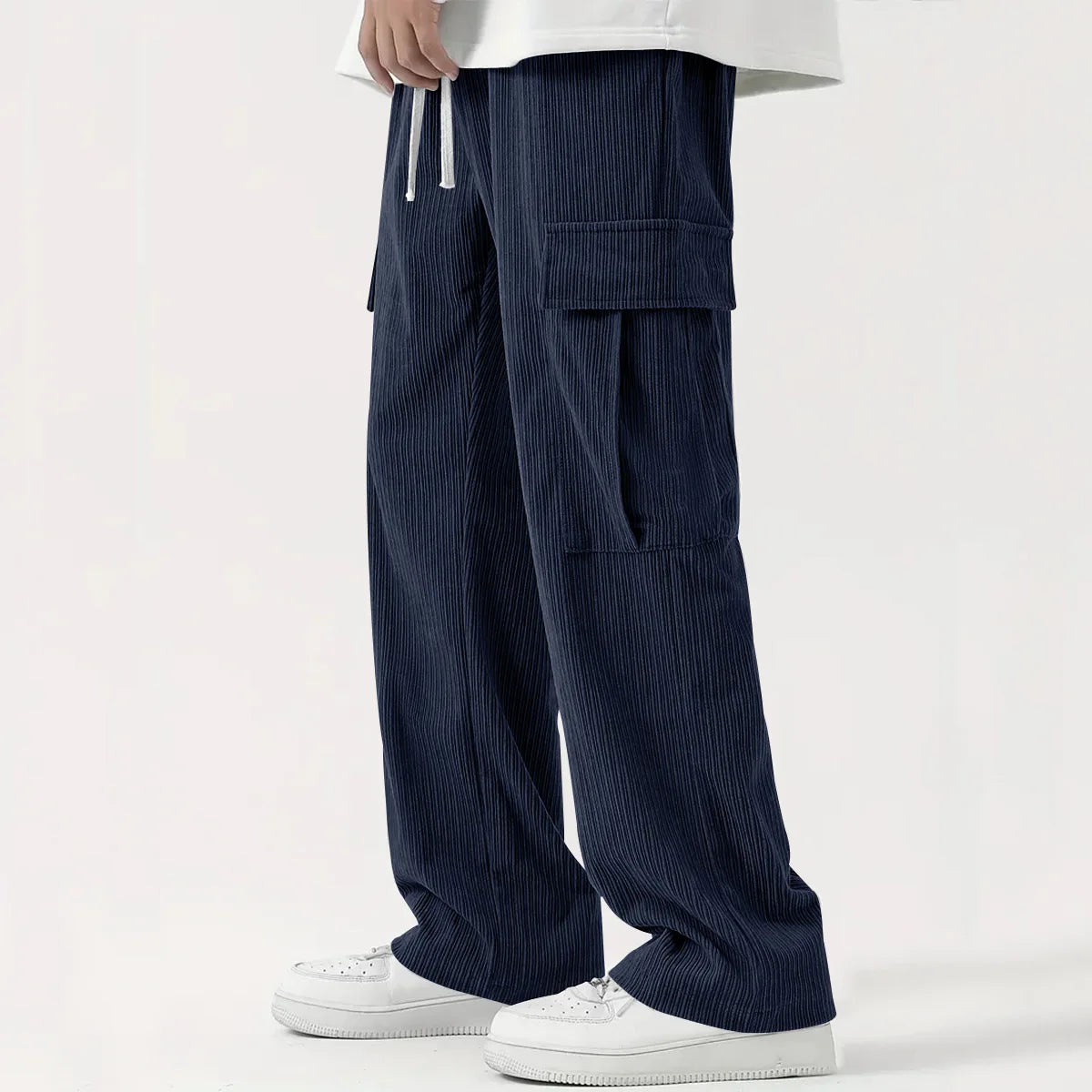 Corduroy Pants for Men | Loose Fit, Flexible Waist | Full Length | Navy Blue