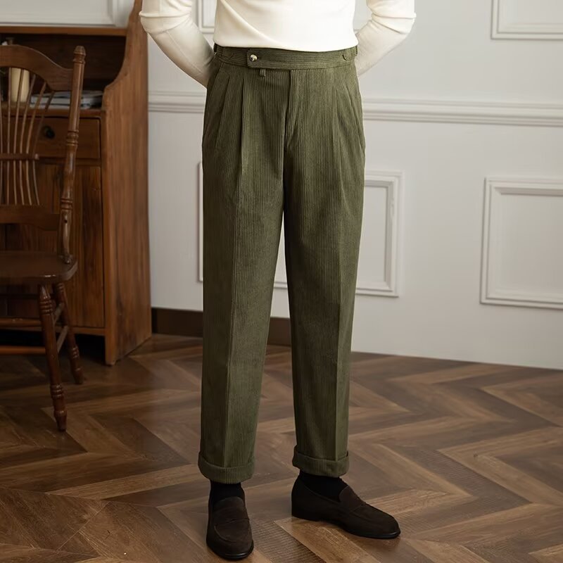  Corduroy  Trousers for Men | High Waist, Pleated Front | Army Green