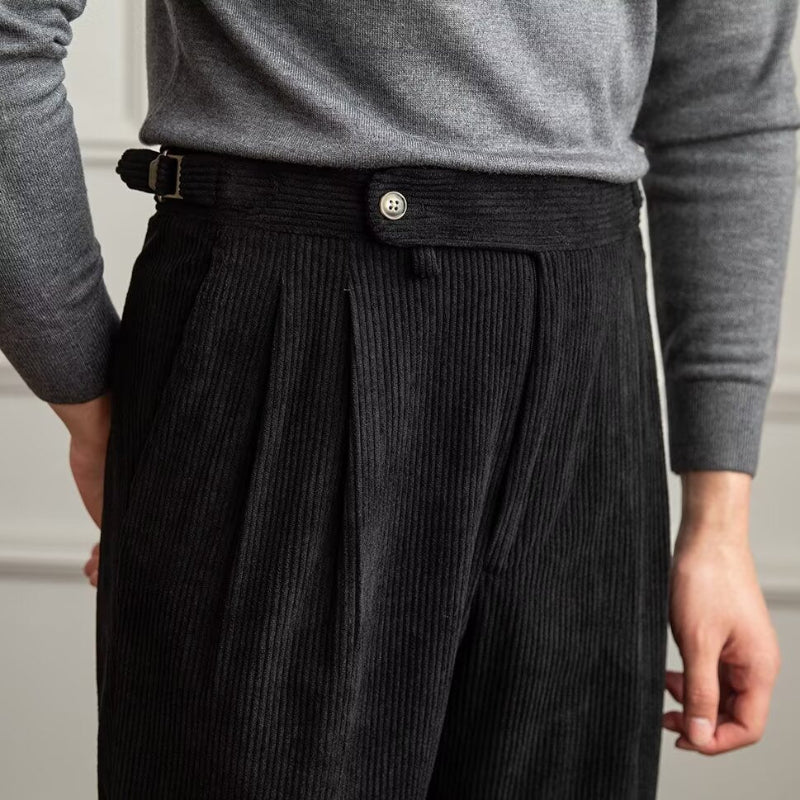 Corduroy  Trousers for Men | High Waist, Pleated Front | Black