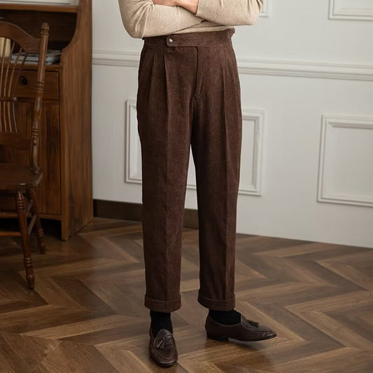  Corduroy  Trousers for Men | High Waist, Pleated Front | Brown