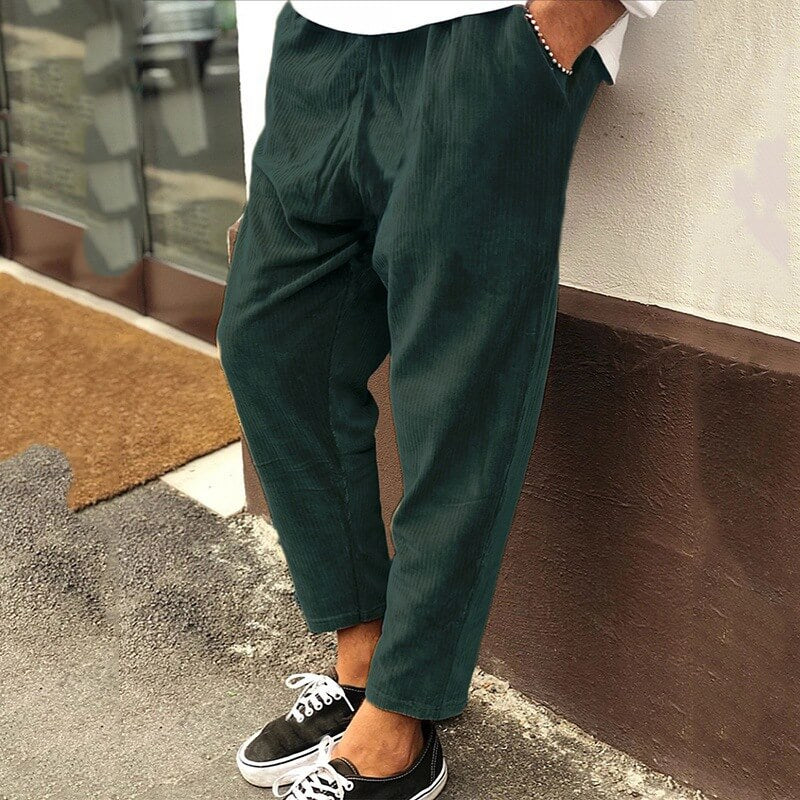 Corduroy Trousers for Men, Loose Fit | Ankle Length | Green