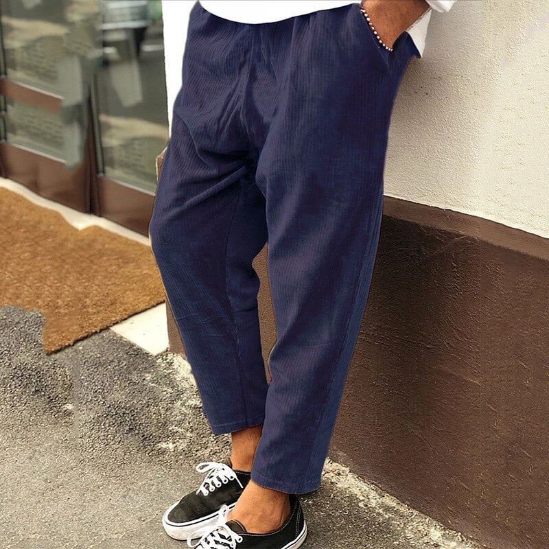 Corduroy Trousers for Men, Loose Fit | Ankle Length | Navy Blue