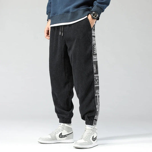 Corduroy Trousers for Men, Patterned Stripes | Jogger Style | Black