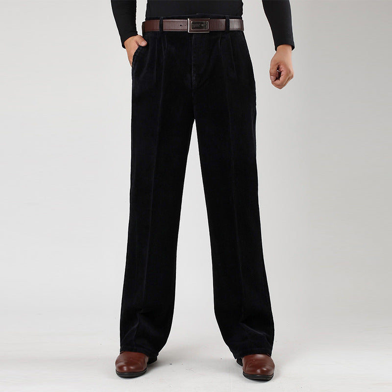 Corduroy Trousers for Men | Wide Leg Pleated | Black