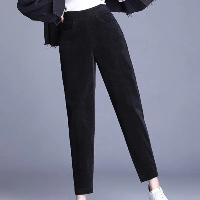 Corduroy Trousers for Women | Elastic Waistband | Black