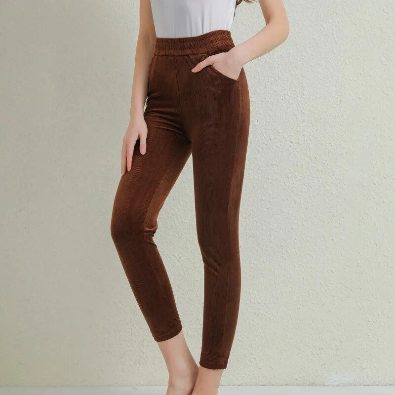 Corduroy Trousers for Women | Elastic Waistband | Brown