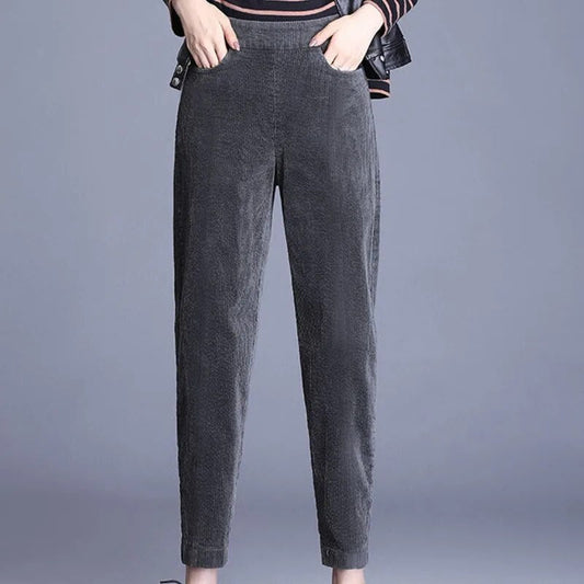 Corduroy Trousers for Women | Elastic Waistband | Gray